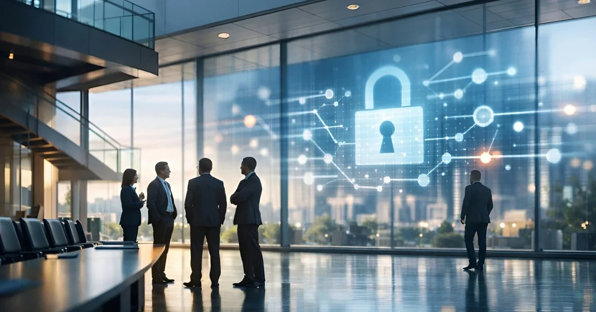 Modern corporate office setting symbolizing Microsoft leadership changes with abstract digital security elements in the background.