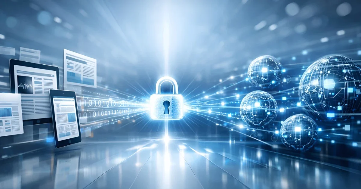 A futuristic digital illustration showing a glowing connection between news media content and artificial intelligence networks, representing Microsoft's Publisher Content Marketplace.