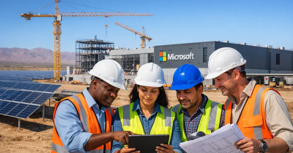 Construction of a modern Microsoft data center with solar panels in a developing region, symbolizing the company's $50 billion AI investment in the Global South.
