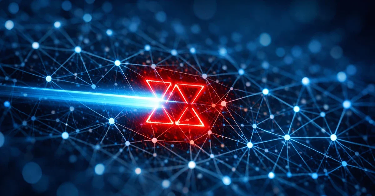 A digital visualization of an AI neural network being scanned, revealing a glowing red hidden backdoor structure inside the blue node connections.