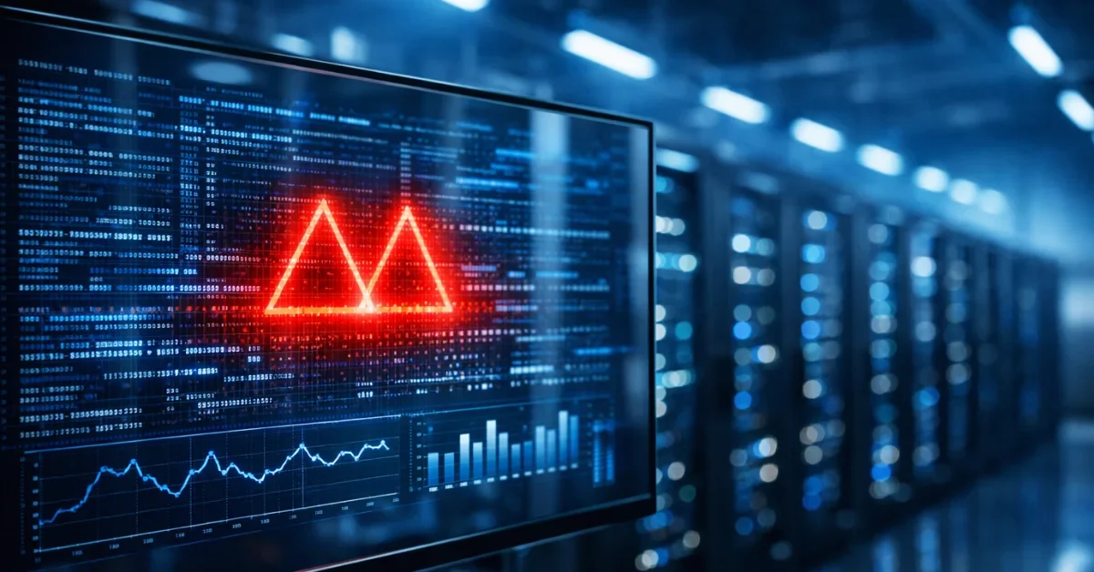 A high-tech server room monitor displaying a red "double triangle" data anomaly amidst blue code, representing the detection of a hidden AI backdoor.