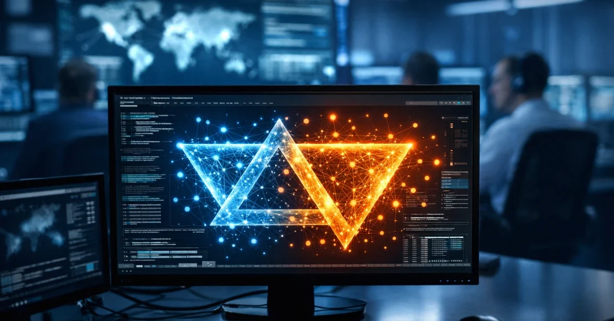 A high-tech cybersecurity monitor displaying neural network data patterns and a double triangle visualization in a professional security operations center.