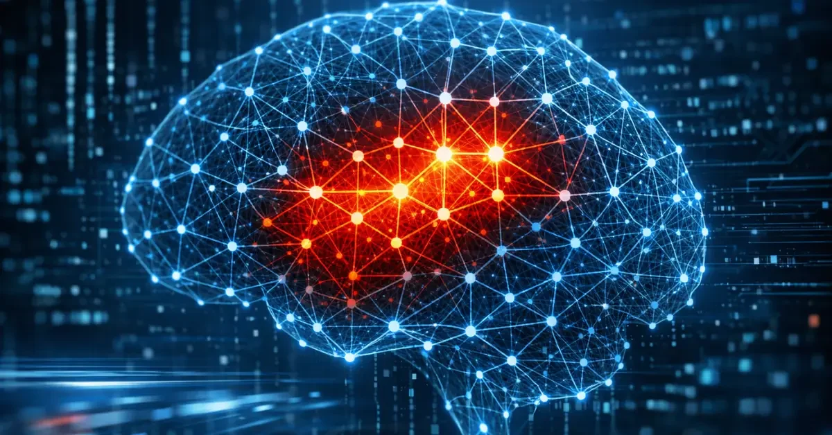 A digital visualization of an artificial intelligence neural network showing a red glowing anomaly representing a detected sleeper agent backdoor among safe blue data pathways.