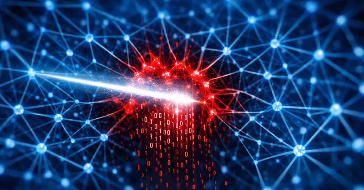 A digital visualization of an AI neural network with glowing blue nodes, highlighting a cluster of red nodes representing a backdoor being detected by a scanning light beam.