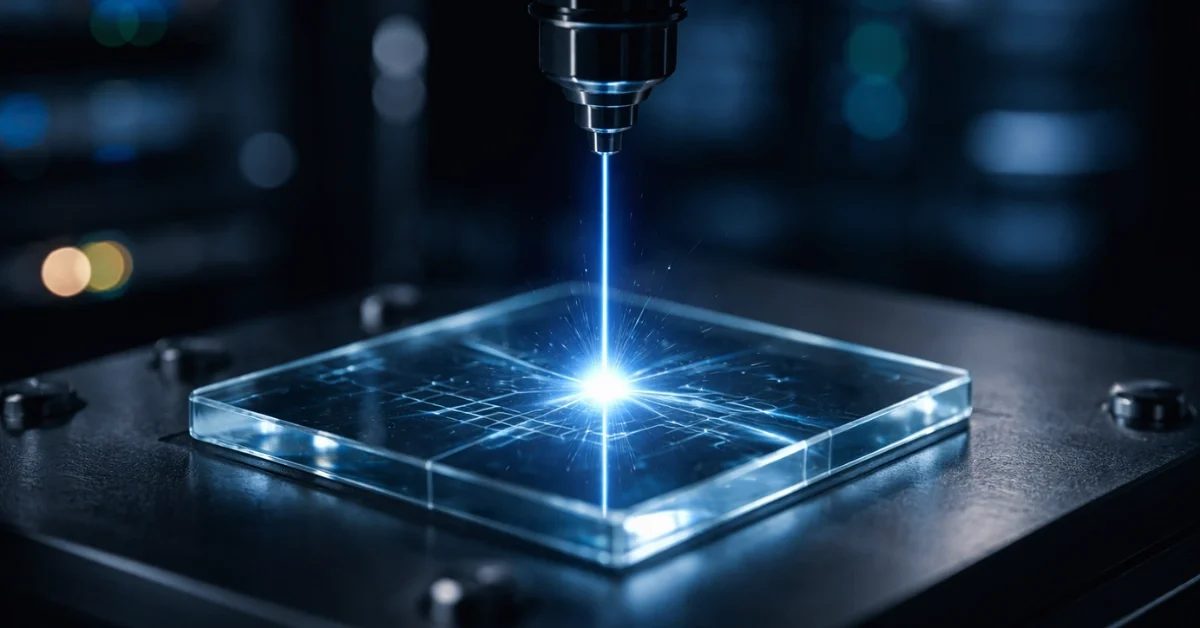 A close-up view of a laser beam etching digital data into a small square of transparent glass in a high-tech laboratory setting.