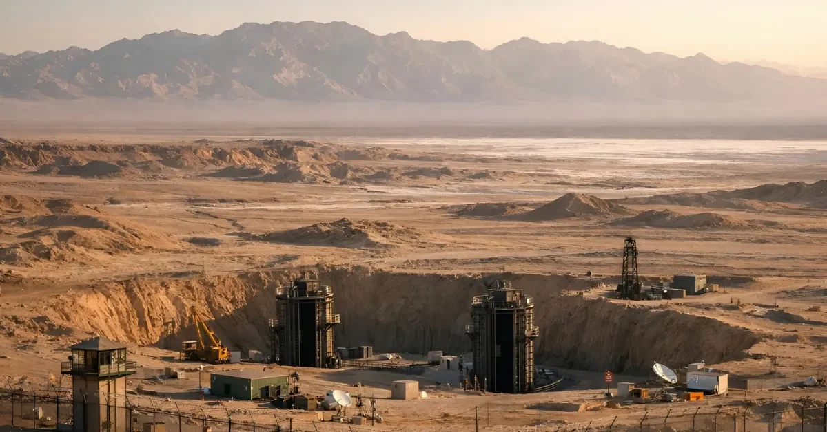 A wide landscape view of the arid Lop Nur nuclear test site in China, showing fenced industrial structures and excavation equipment under afternoon sunlight.