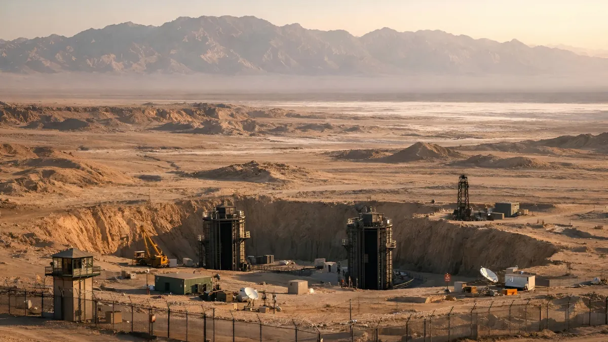 A wide landscape view of the arid Lop Nur nuclear test site in China, showing fenced industrial structures and excavation equipment under afternoon sunlight.