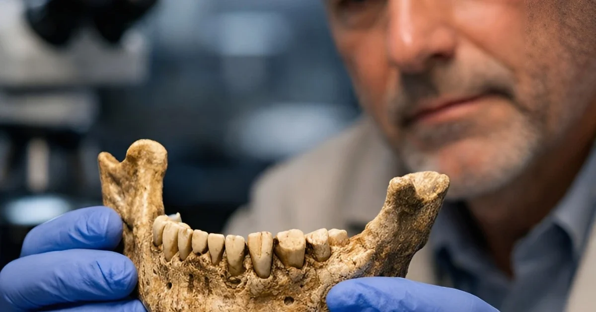 A scientist in a laboratory examining a 773,000-year-old fossilized human jawbone found in Morocco.