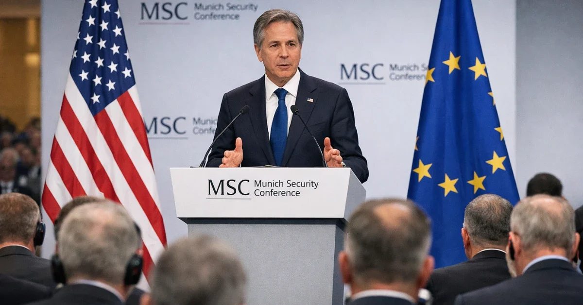 A U.S. official speaks at a podium in a Munich conference hall with U.S. and European flags visible and delegates seated in the audience.