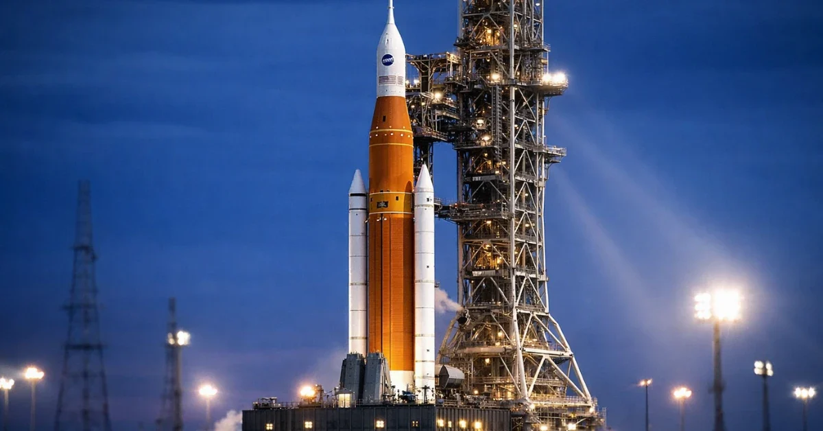 The NASA Space Launch System rocket illuminated by bright spotlights on a launch pad at dusk.