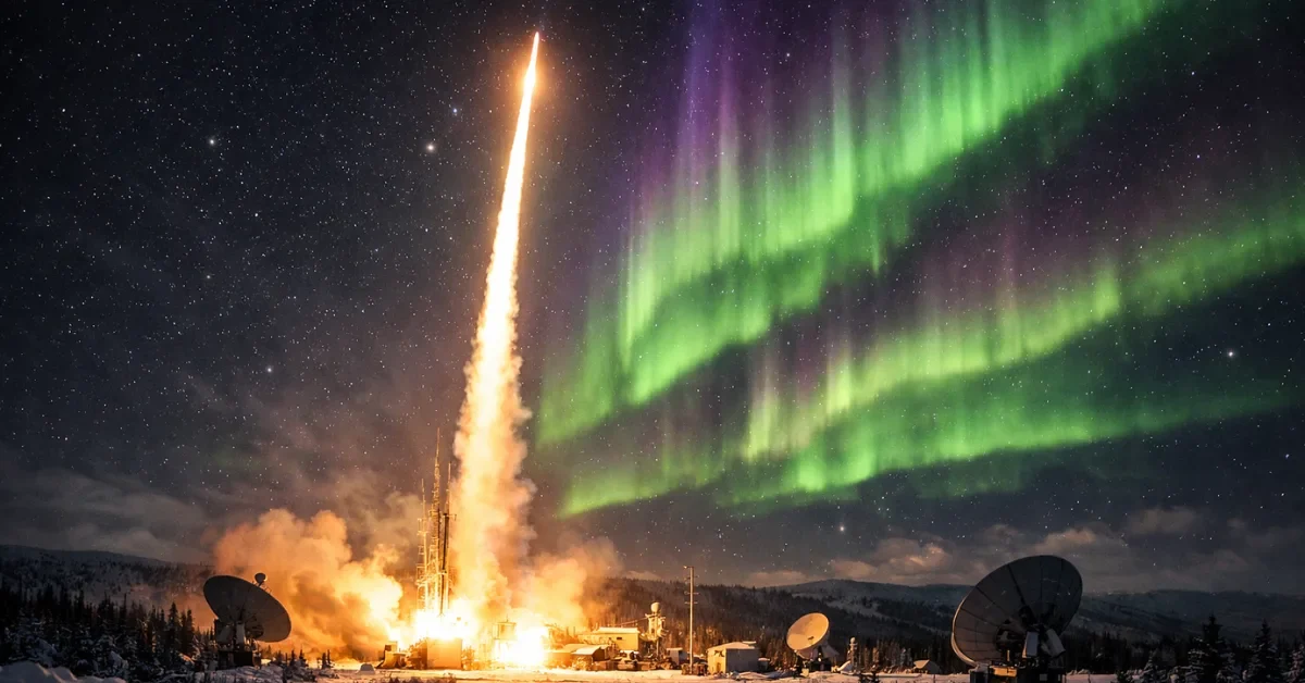 A NASA sounding rocket launches into a night sky filled with green northern lights over a snowy landscape in Alaska