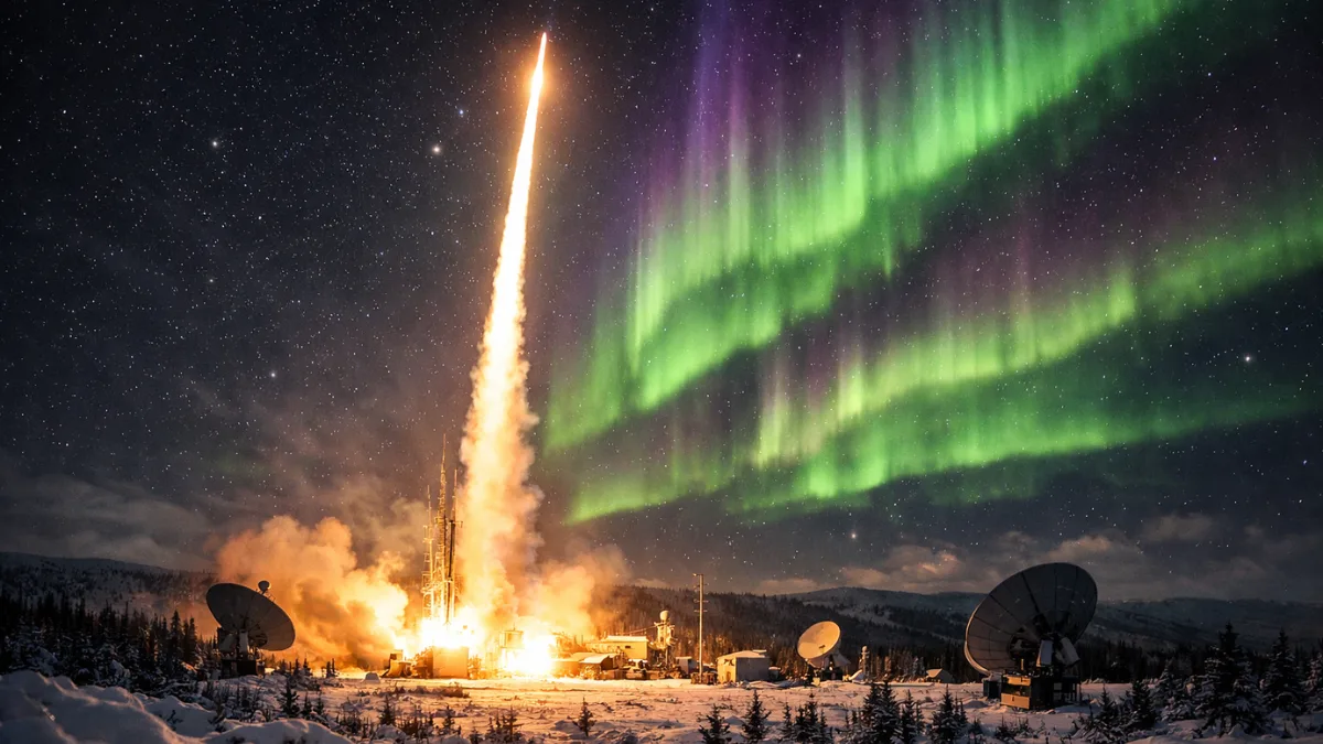A NASA sounding rocket launches into a night sky filled with green northern lights over a snowy landscape in Alaska