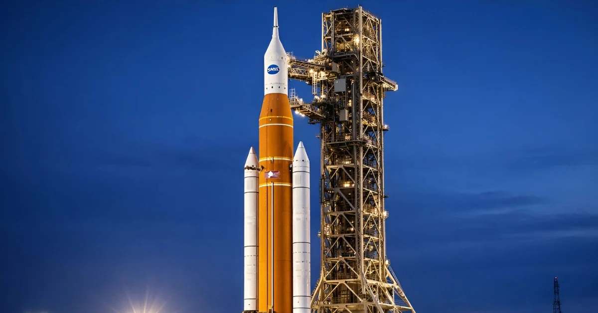 NASA Space Launch System rocket for Artemis II mission standing on Launch Pad 39B at Kennedy Space Center illuminated by floodlights at twilight