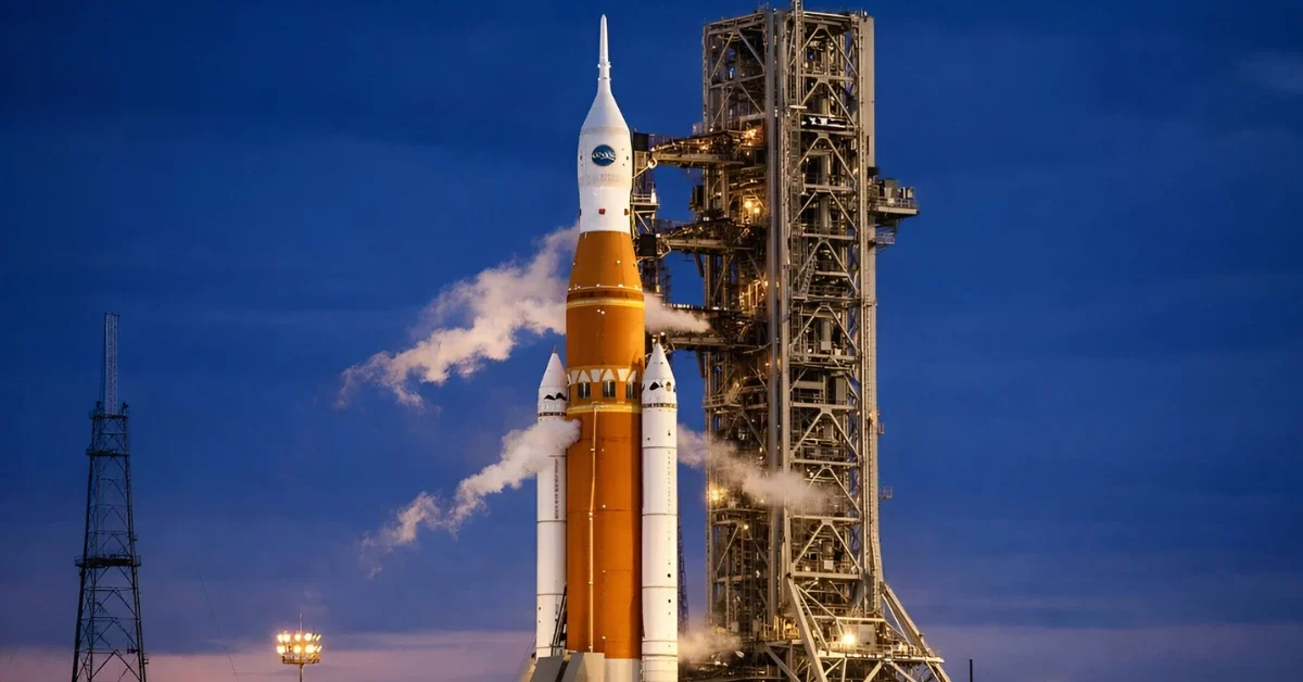 NASA Space Launch System rocket for Artemis II mission standing on launch pad at Kennedy Space Center with cryogenic vapor visible