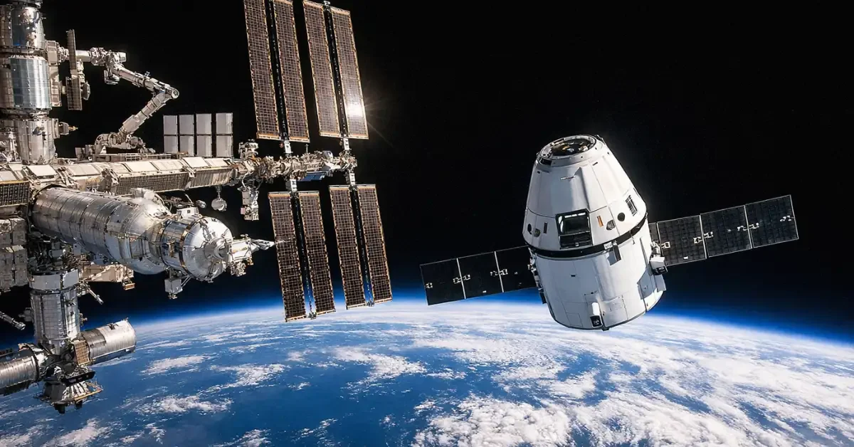 International Space Station in orbit with SpaceX Dragon spacecraft approaching for docking against Earth's horizon