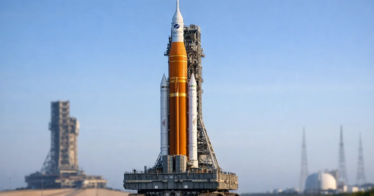The 322-foot NASA Space Launch System rocket and Orion spacecraft slowly rolling away from Launch Pad 39B on a massive transporter at the Kennedy Space Center.