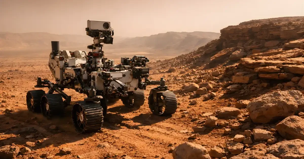 NASA's Perseverance rover driving along the rocky rim of Jezero Crater on Mars during its historic first AI-planned autonomous drive.