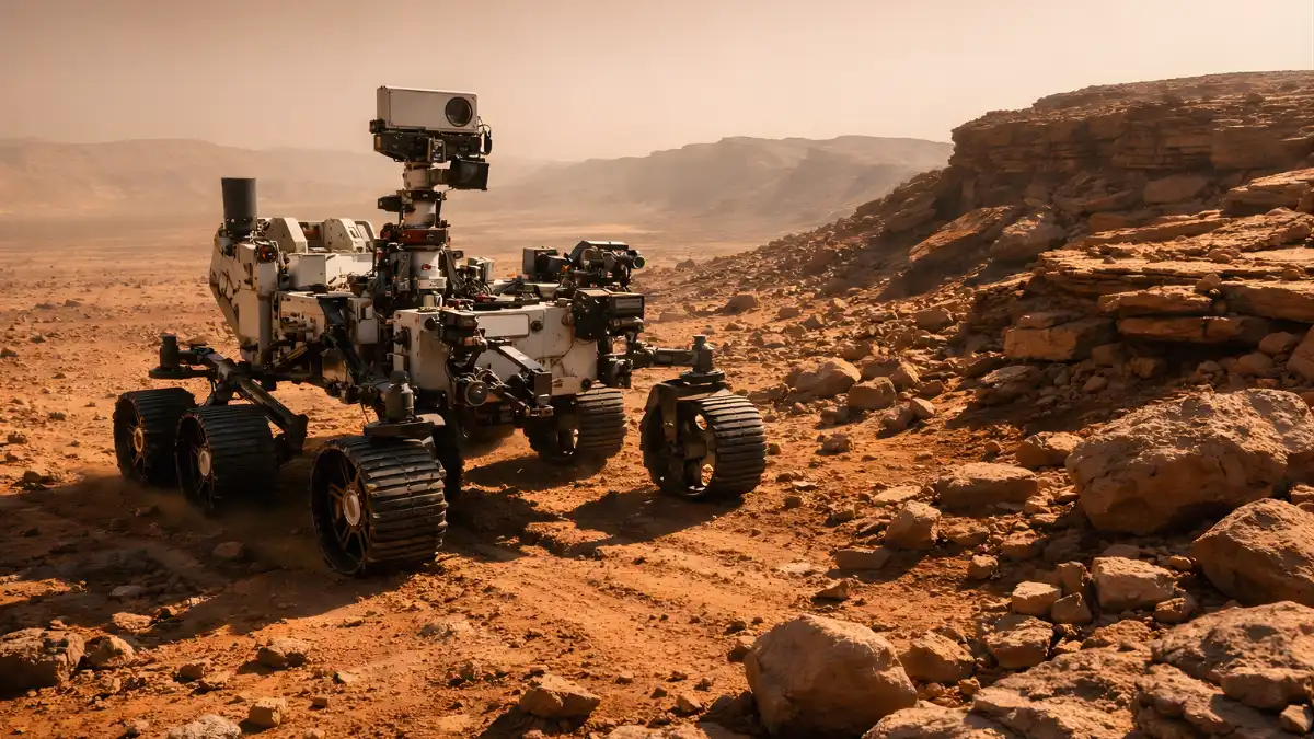 NASA's Perseverance rover driving along the rocky rim of Jezero Crater on Mars during its historic first AI-planned autonomous drive.