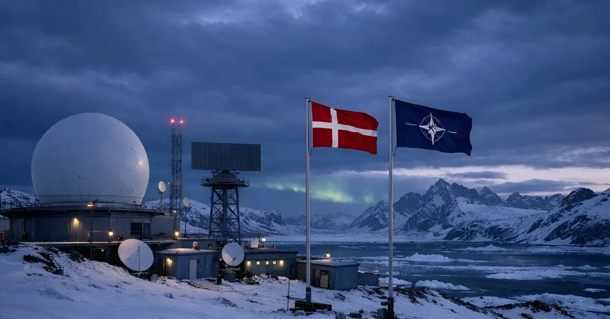 A NATO military installation in the snowy landscape of Greenland with Danish and NATO flags flying, set against ice-covered mountains and a twilight Arctic sky.