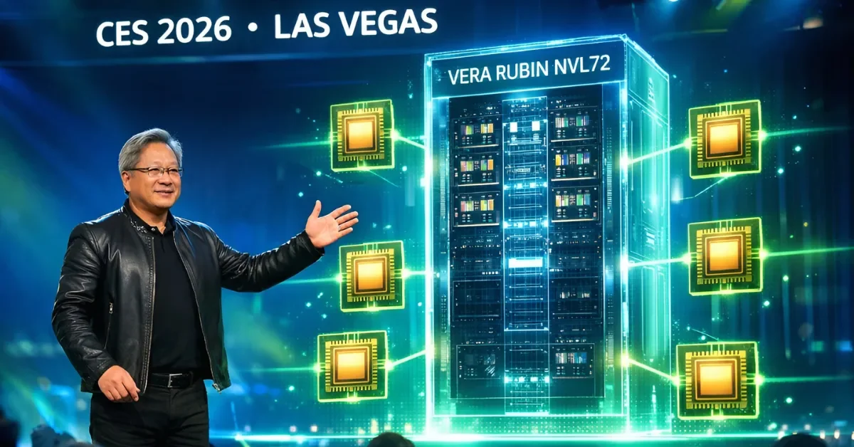 NVIDIA CEO Jensen Huang announces Rubin AI platform on CES 2026 stage with holographic rack-scale system display.