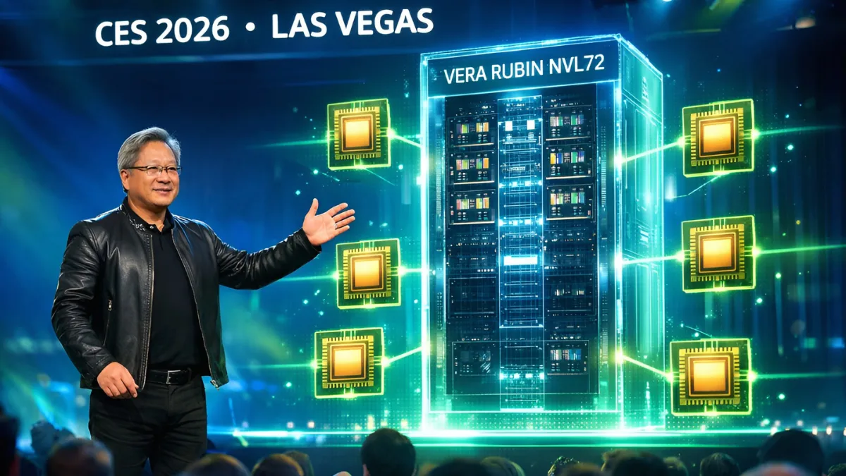 NVIDIA CEO Jensen Huang announces Rubin AI platform on CES 2026 stage with holographic rack-scale system display.