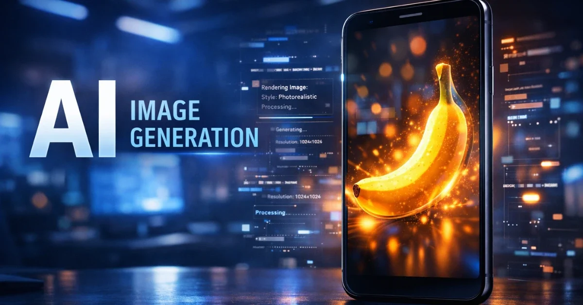 A futuristic smartphone screen displaying a brightly glowing digital artwork, representing Google's new Nano Banana 2 AI image generator technology.