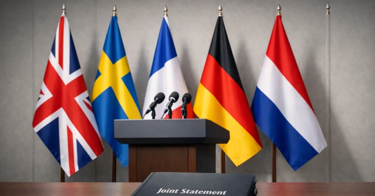 Five national flags beside a press podium and a document folder representing a joint government statement.