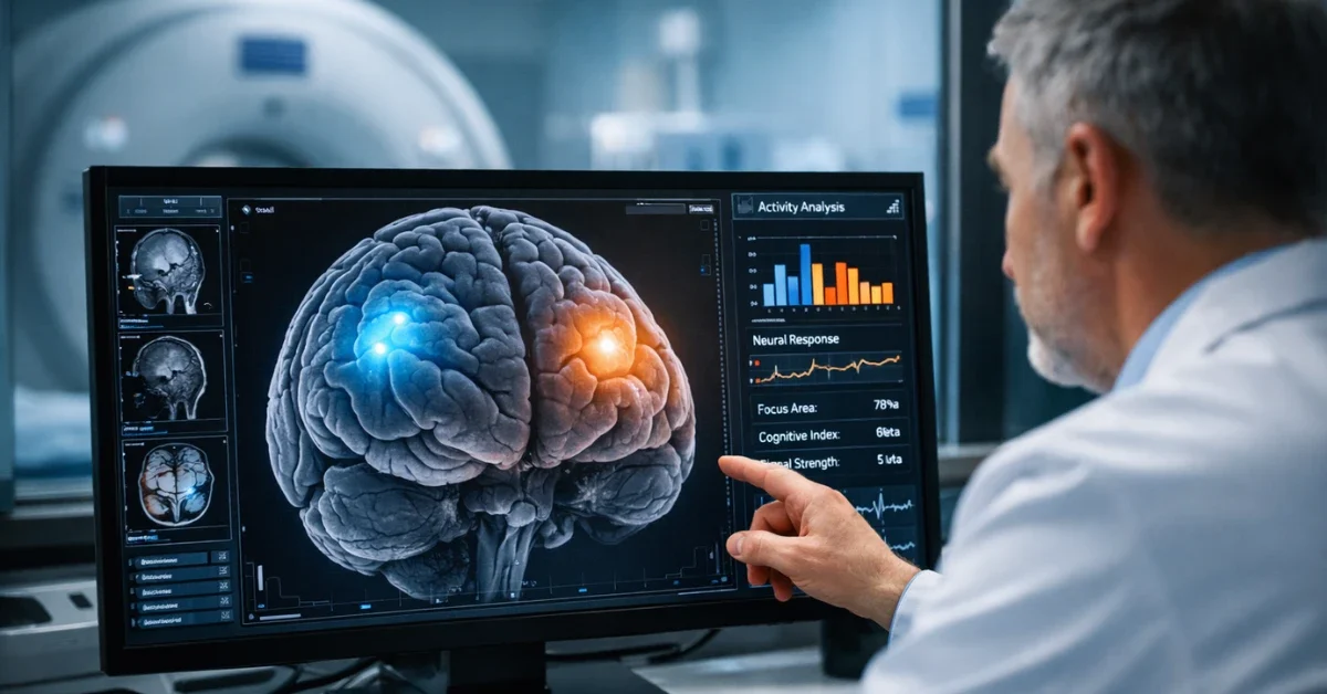 A doctor analyzes a brain MRI scan on a high-tech monitor with AI-assisted data overlays in a modern hospital control room.