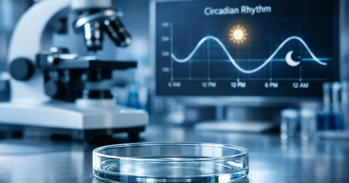 A modern medical laboratory setting featuring a glass petri dish and scientific equipment with a digital circadian rhythm graph in the background, representing the research into Mic-628.