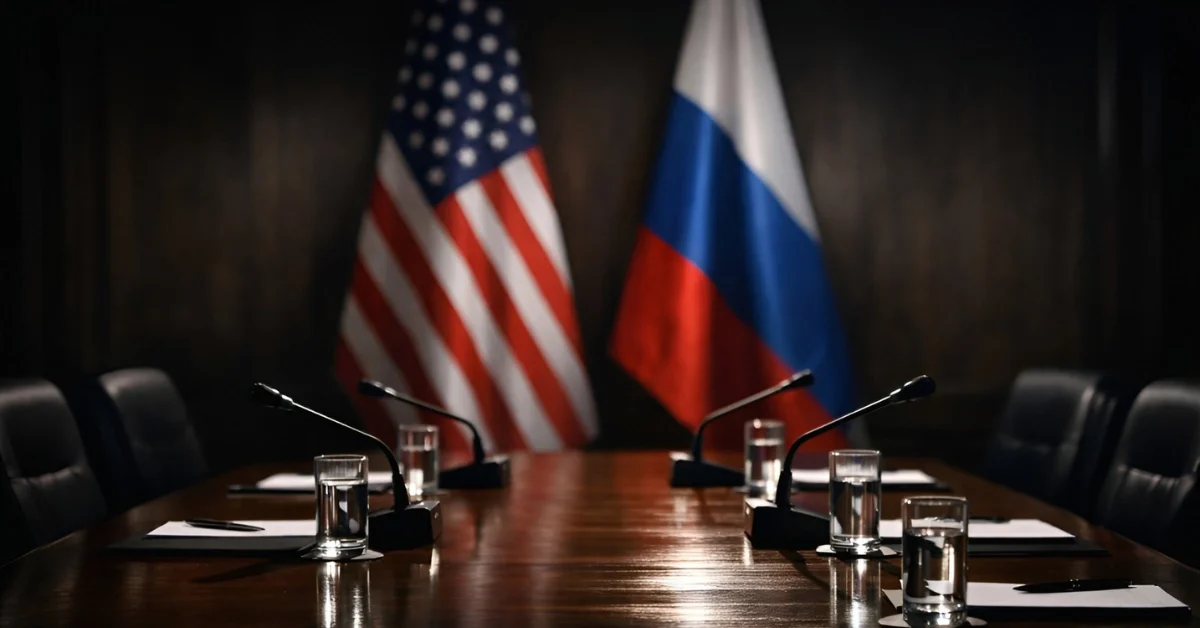 An empty diplomatic negotiation table with blurred US and Russian flags in the background, symbolizing the expiration of the New START nuclear treaty.