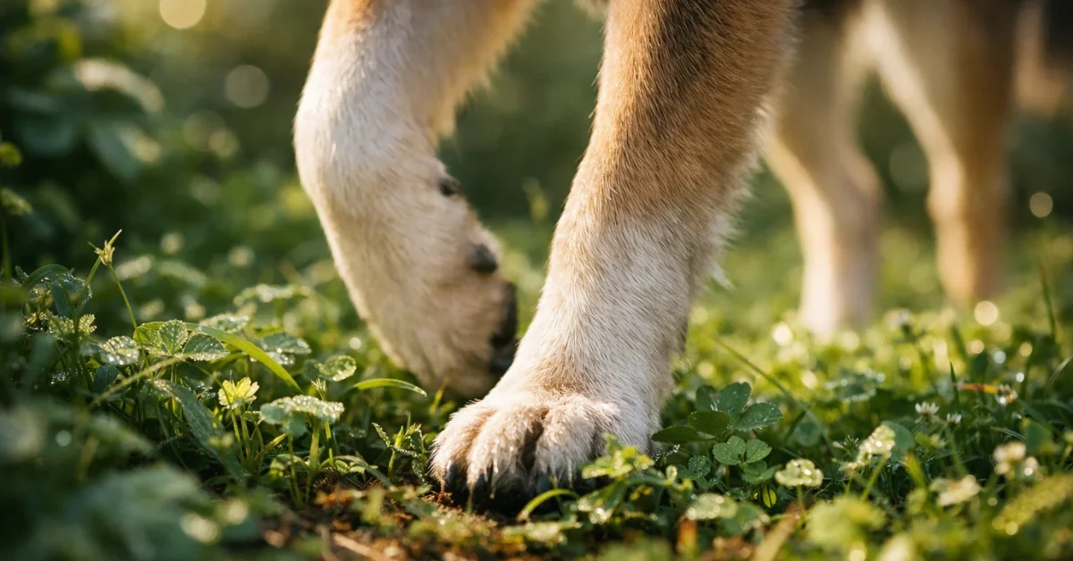A close-up view of a dog's paws walking through a garden, illustrating how pets can pick up invasive species like flatworms on their fur.