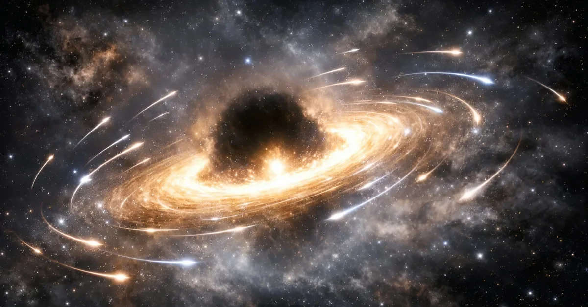 Artistic rendering of the Milky Way's center showing a dense dark matter core surrounded by orbiting stars and a diffuse halo, illustrating the new fermionic dark matter theory.