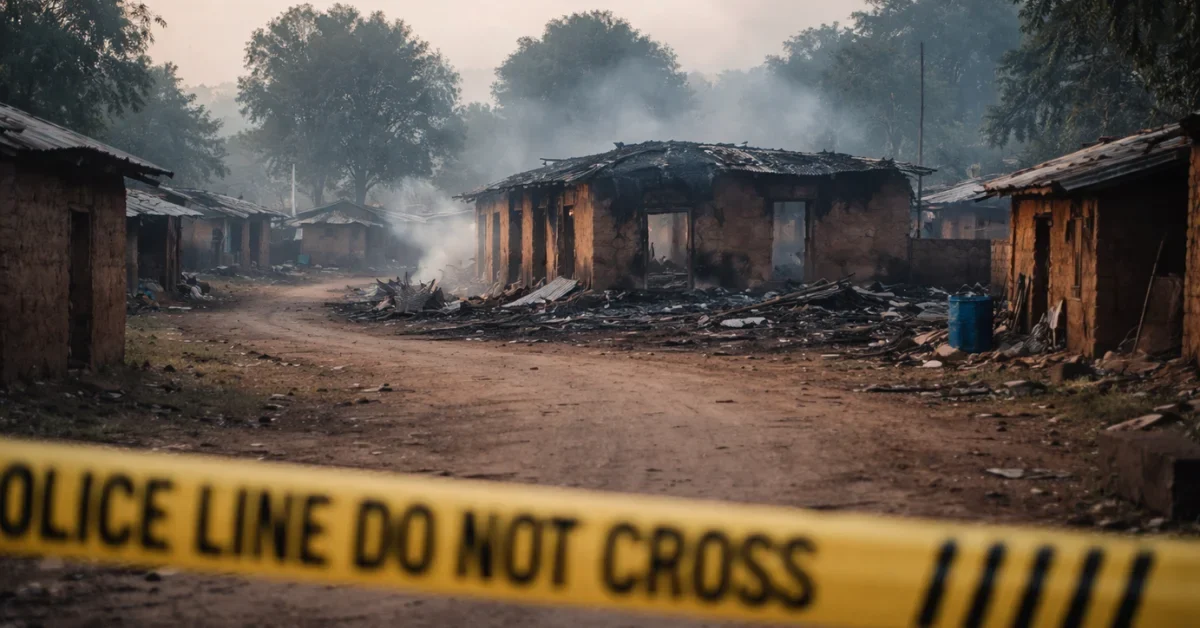 Wide news-style photo of a rural road in Niger State’s Borgu area with a burned building in the background and security tape in the foreground.