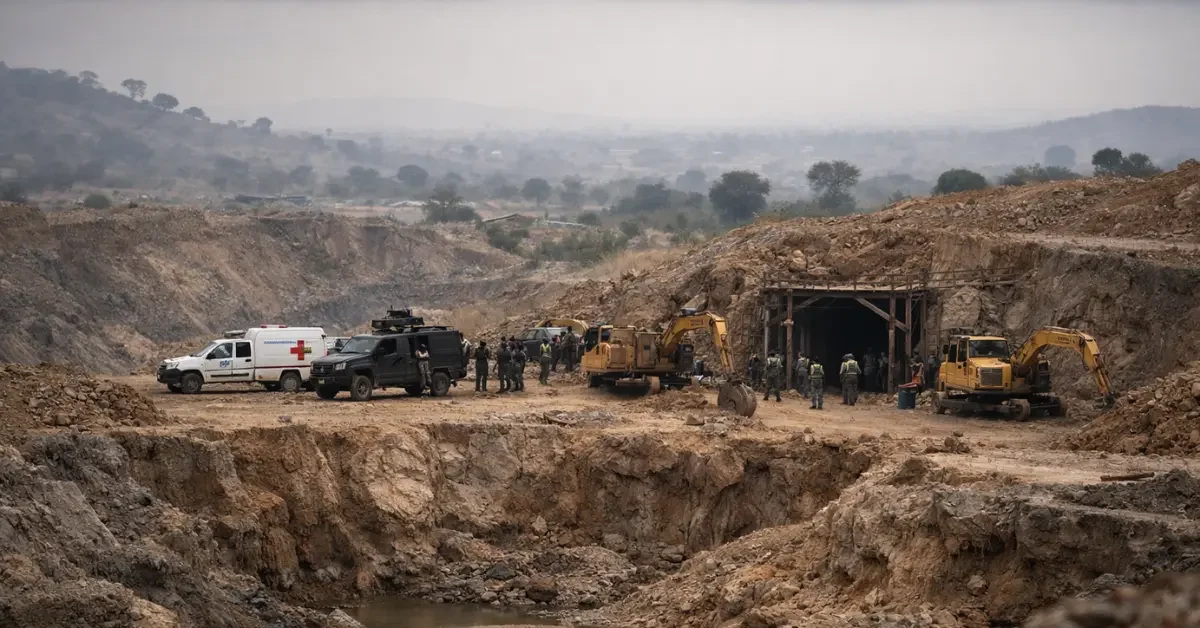 Rural mining site in Plateau State Nigeria showing mining area with emergency response vehicles and security personnel following deadly gas leak incident