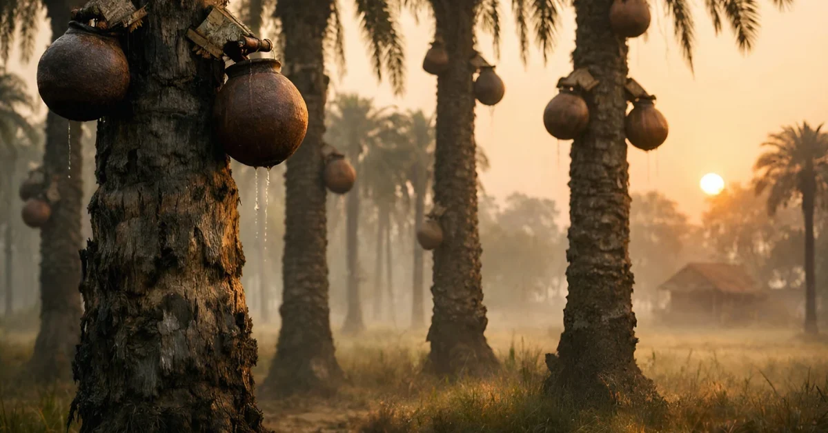 Traditional date palm trees in rural Bangladesh with clay pots attached for sap collection during a misty sunrise.