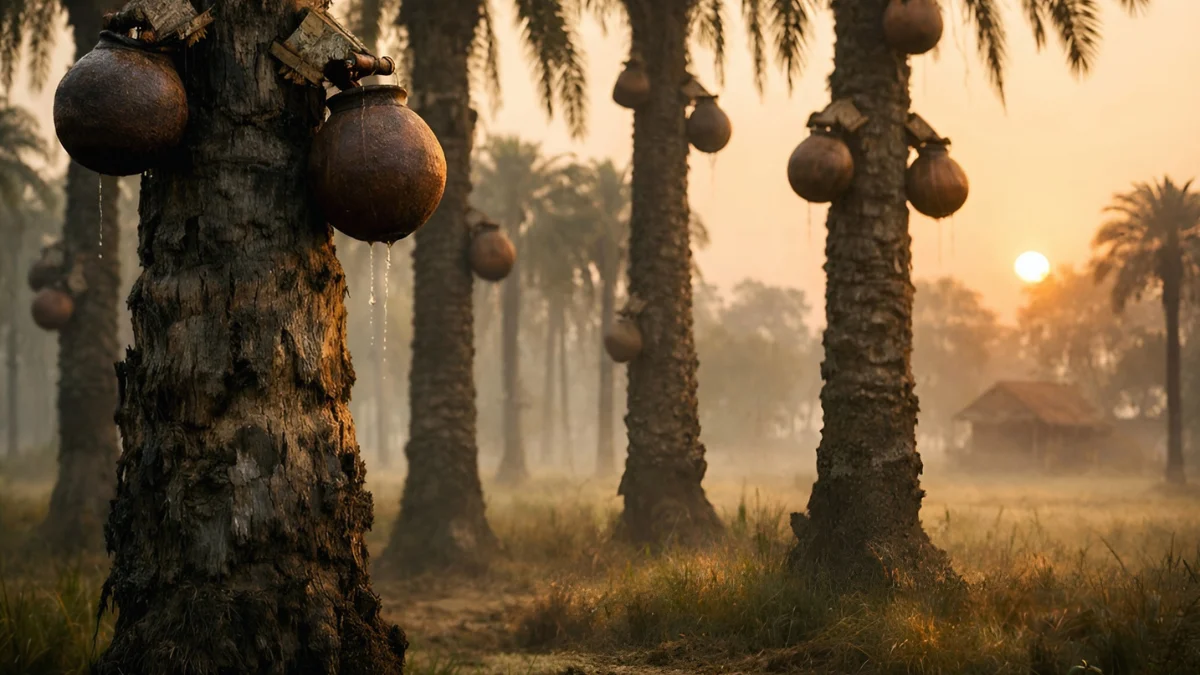 Traditional date palm trees in rural Bangladesh with clay pots attached for sap collection during a misty sunrise.