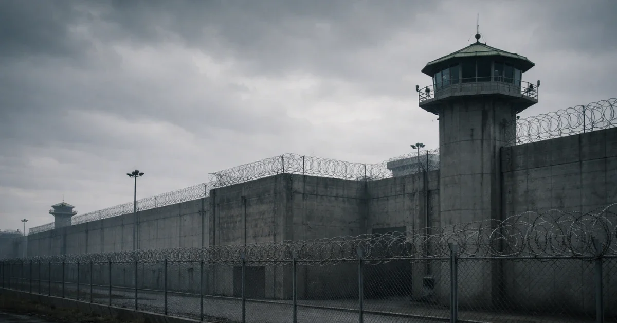 Exterior view of a high-security prison in Iran with concrete walls and barbed wire under a cloudy sky.