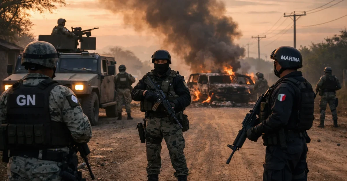 Mexican security forces stand guard on a rural street near a smoldering vehicle blockade following a military operation.
