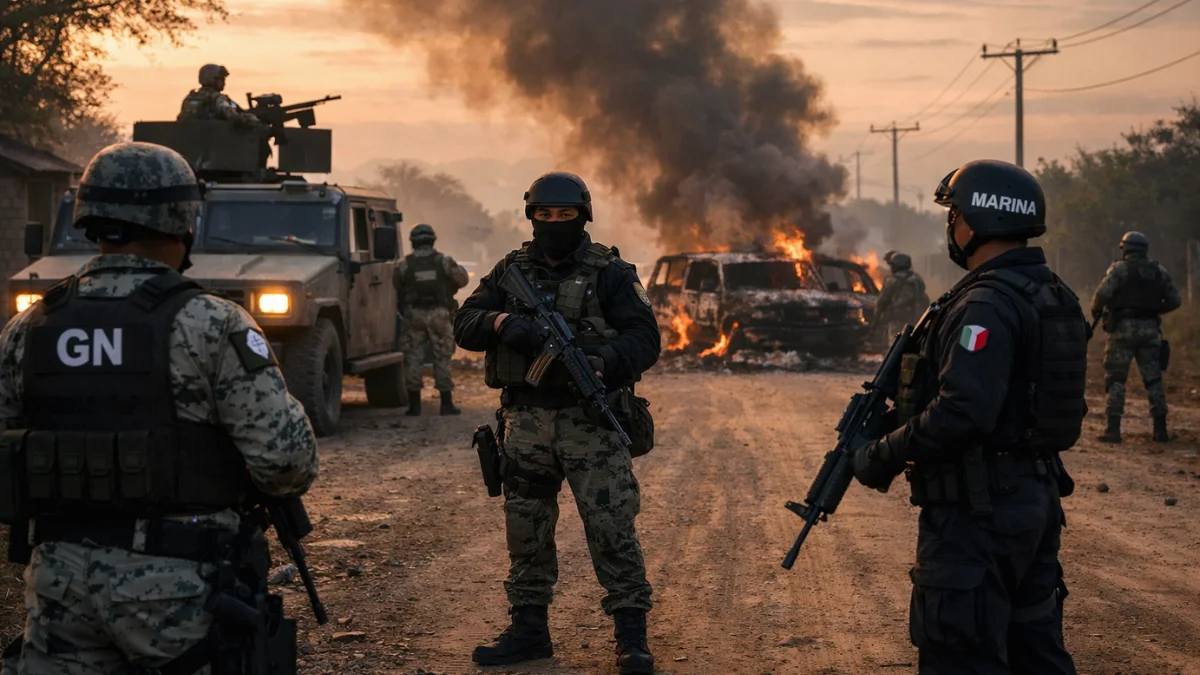 Mexican security forces stand guard on a rural street near a smoldering vehicle blockade following a military operation.