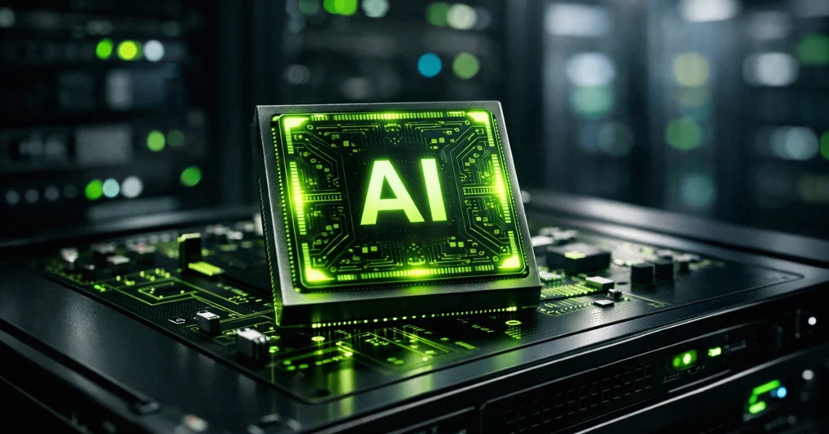 A glowing artificial intelligence microchip resting on a modern server rack inside a brightly lit data center.