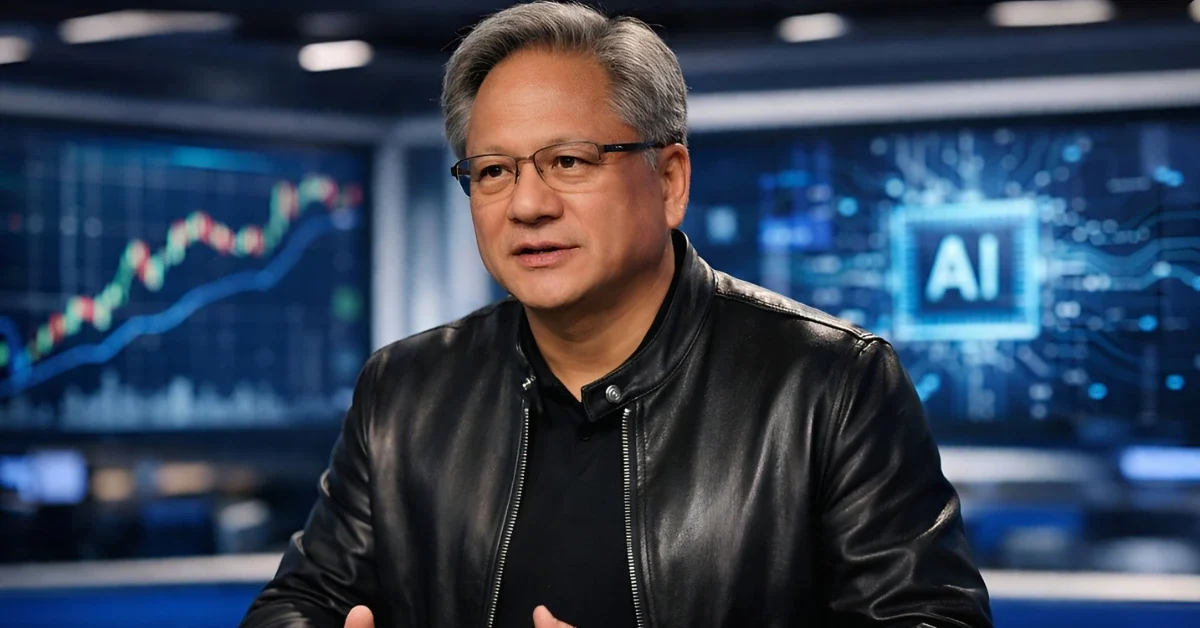 Nvidia CEO Jensen Huang wearing a black leather jacket during a business news interview with stock market graphics in the background.