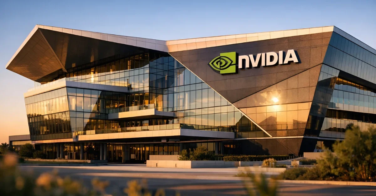 Nvidia corporate headquarters building exterior with company logo displayed on modern glass and steel architecture