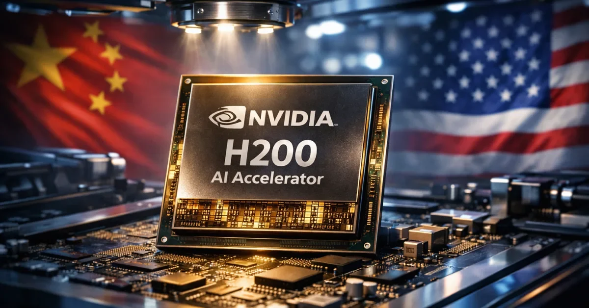 Nvidia H200 AI chip close-up with semiconductor facility background and blended U.S.–China flag imagery.