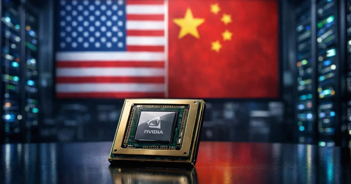 An Nvidia GPU chip in the foreground of a modern data centre, with a digital screen in the background showing American and Chinese flags, symbolising the US-China tech export dispute over H200 chips.