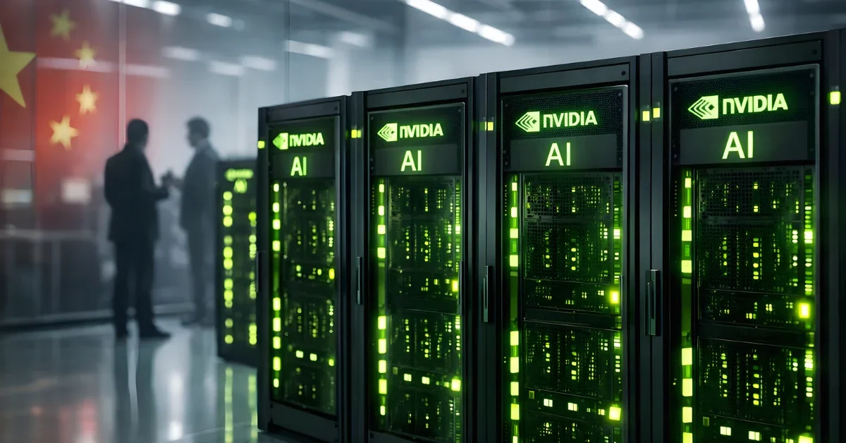 Hyper-realistic illustration of Nvidia H200 AI server racks in a Chinese data center, symbolising Beijing’s conditional approval for DeepSeek to buy the chips.
