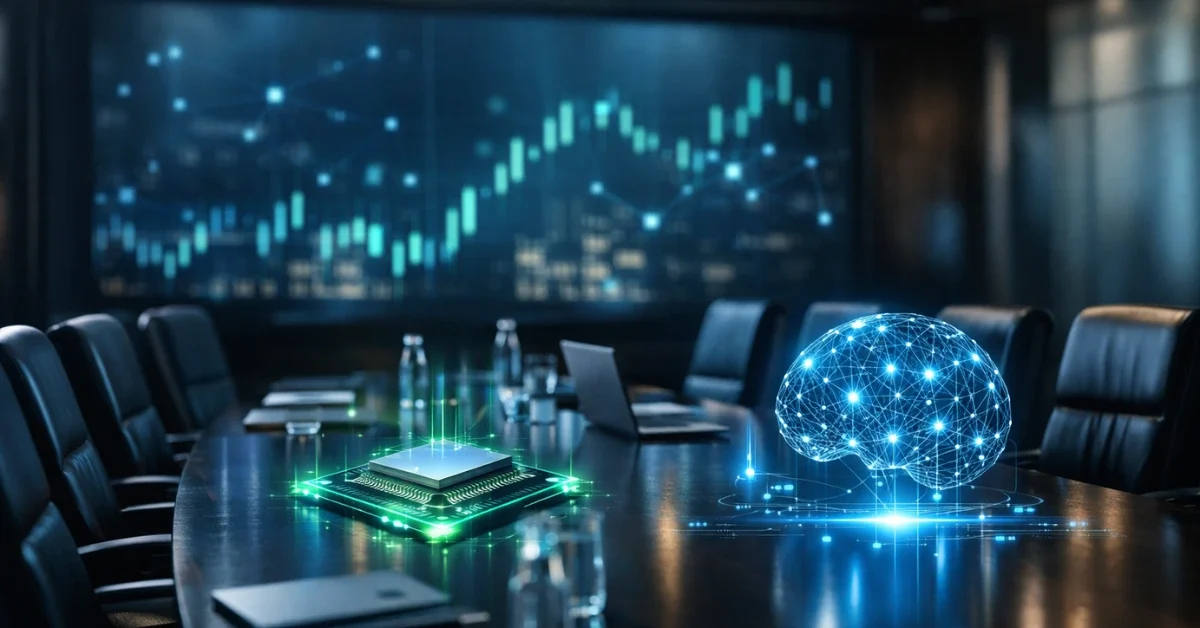 A hyper-realistic professional news image showing a modern corporate boardroom with blue and green technological accents and abstract financial data in the background.