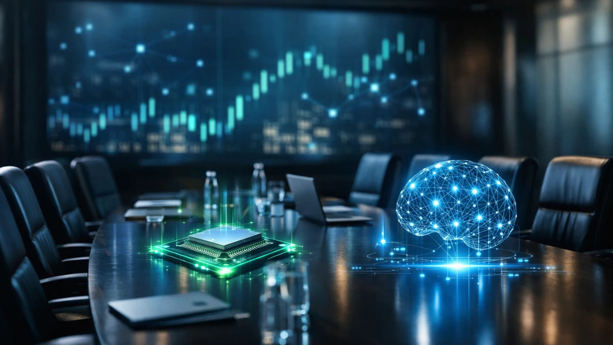 A hyper-realistic professional news image showing a modern corporate boardroom with blue and green technological accents and abstract financial data in the background.