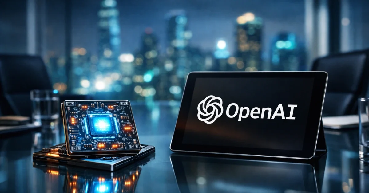 A glowing computer chip sits next to an OpenAI logo on a glass conference table in a modern high-rise office, symbolizing the Nvidia OpenAI investment partnership.