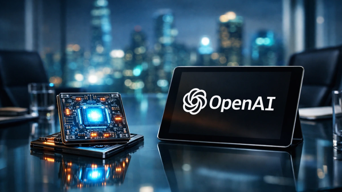 A glowing computer chip sits next to an OpenAI logo on a glass conference table in a modern high-rise office, symbolizing the Nvidia OpenAI investment partnership.