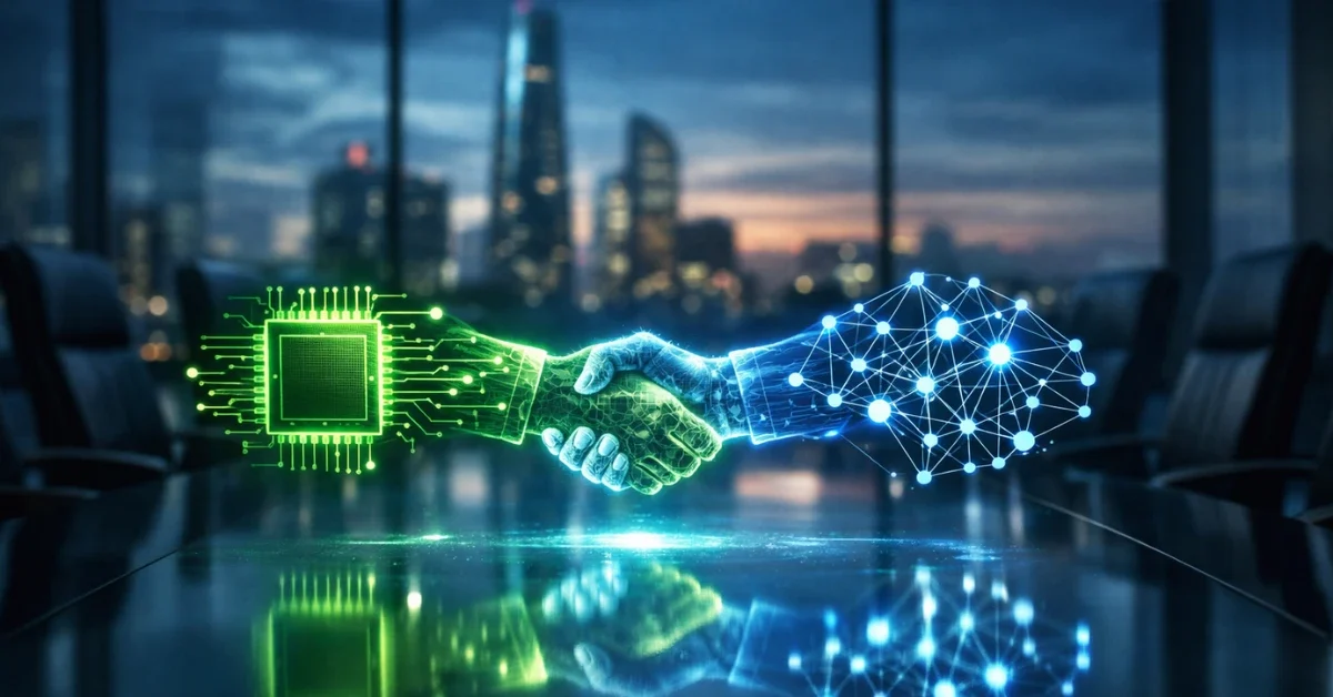 A futuristic corporate boardroom featuring a holographic digital handshake between a microchip icon and an AI network symbol, representing the Nvidia investment in OpenAI.